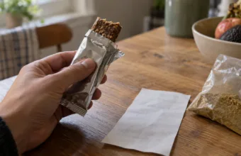 Batonik proteinowy i torebka mielonego kminu na kuchennym stole