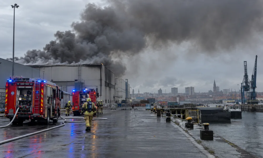 Gęsty dym nad halą przemysłową w porcie, wozy strażackie na nabrzeżu