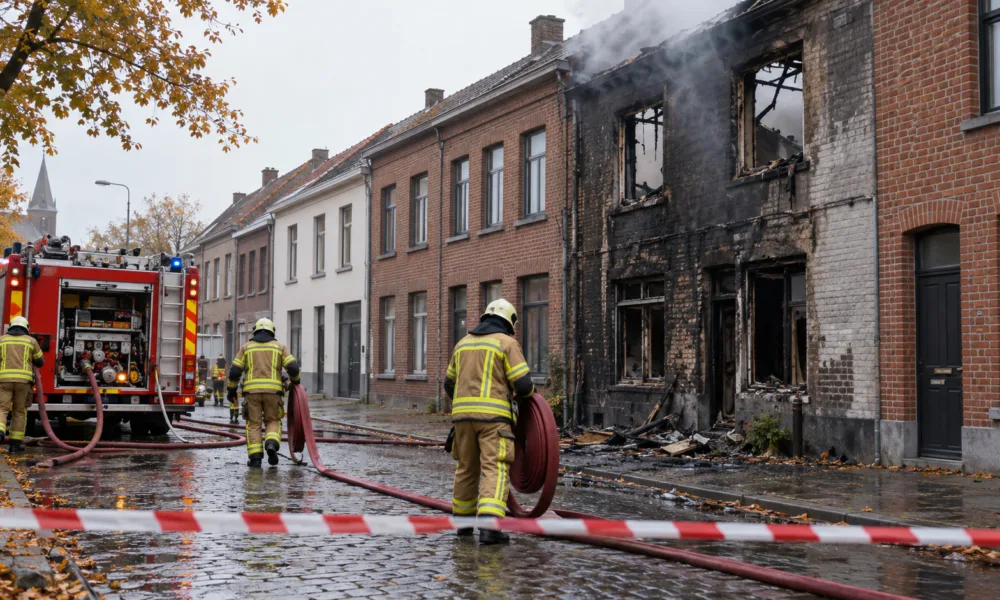 Strażacy przy spalonym domu szeregowym na ulicy we flamandzkim mieście