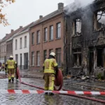 Strażacy przy spalonym domu szeregowym na ulicy we flamandzkim mieście