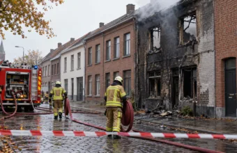 Strażacy przy spalonym domu szeregowym na ulicy we flamandzkim mieście