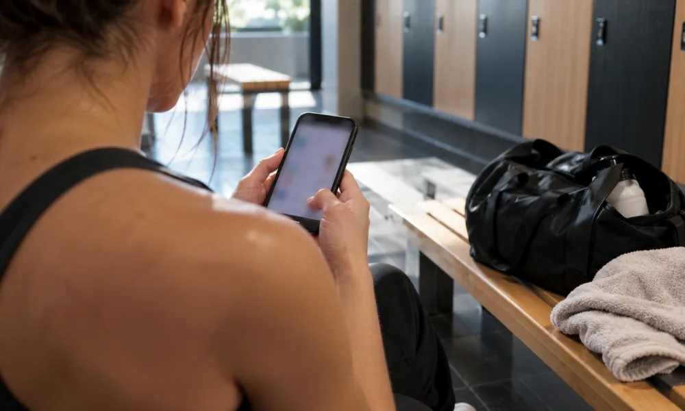 Osoba w szatni siłowni widziana od tyłu trzyma smartfon z rozmytym ekranem, obok torba sportowa i ręcznik