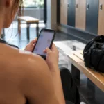 Osoba w szatni siłowni widziana od tyłu trzyma smartfon z rozmytym ekranem, obok torba sportowa i ręcznik