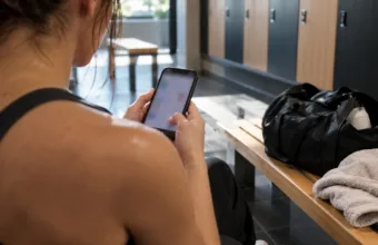 Osoba w szatni siłowni widziana od tyłu trzyma smartfon z rozmytym ekranem, obok torba sportowa i ręcznik
