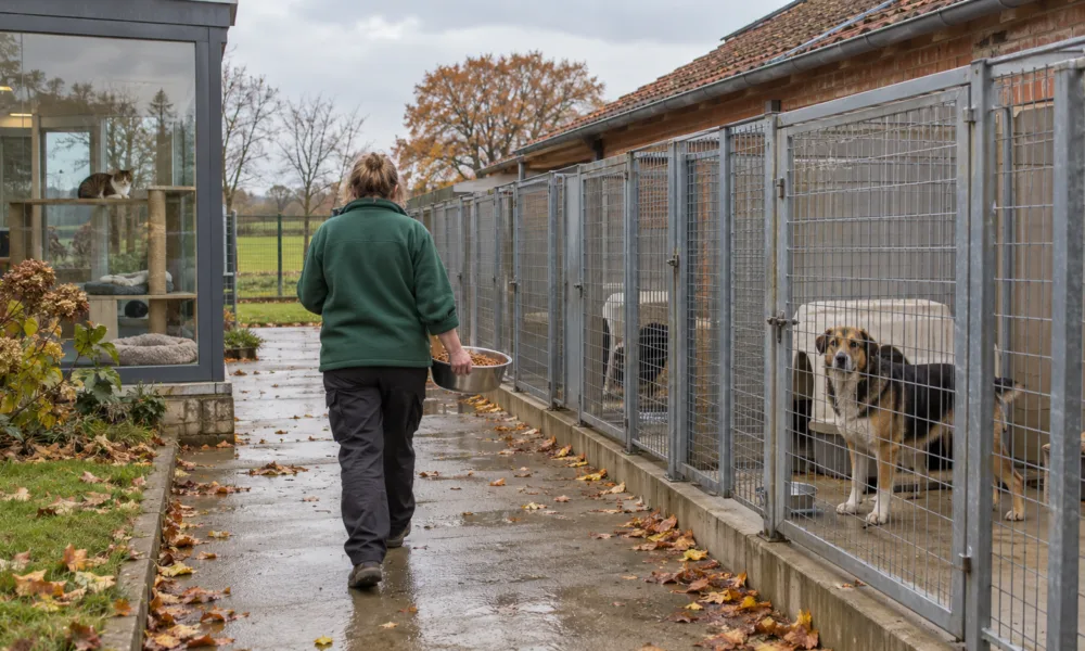 Wolontariuszka niesie miskę z karmą wzdłuż boksów dla psów w schronisku we Flandrii