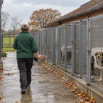 Wolontariuszka niesie miskę z karmą wzdłuż boksów dla psów w schronisku we Flandrii