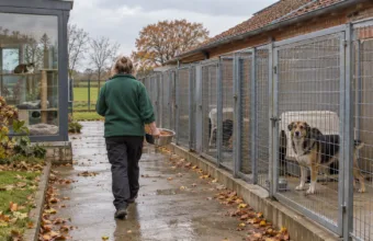 Wolontariuszka niesie miskę z karmą wzdłuż boksów dla psów w schronisku we Flandrii