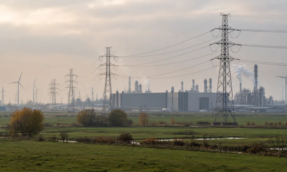 Słupy wysokiego napięcia na łąkach przed halami fabrycznymi i instalacjami chemicznymi we Flandrii, w tle turbiny wiatrowe