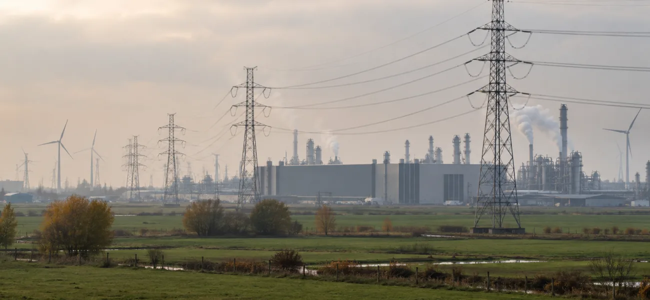 Słupy wysokiego napięcia na łąkach przed halami fabrycznymi i instalacjami chemicznymi we Flandrii, w tle turbiny wiatrowe