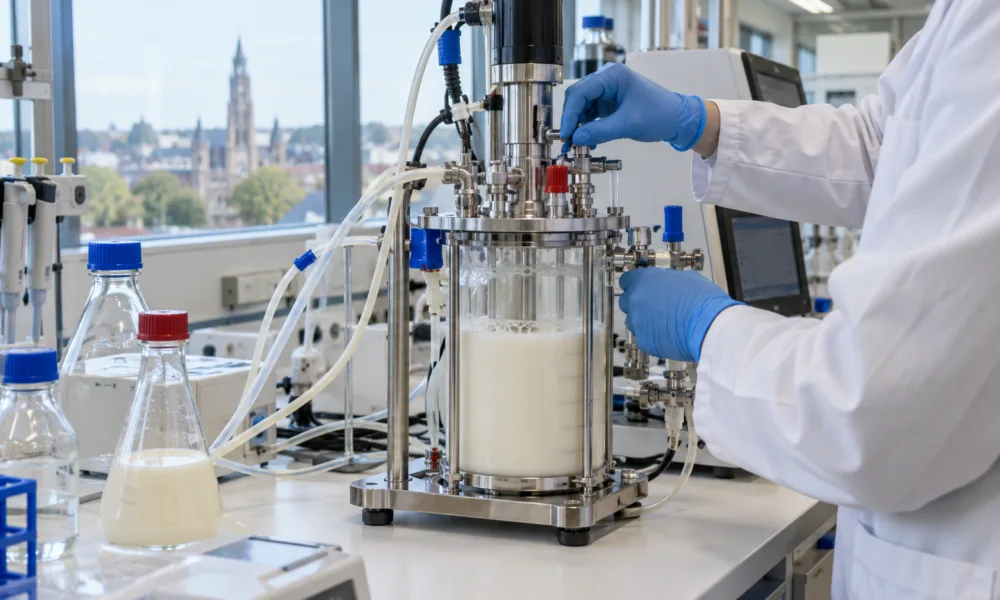 Laboratoryjny bioreaktor z białą cieczą na stole w laboratorium biotechnologicznym
