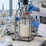 Laboratoryjny bioreaktor z białą cieczą na stole w laboratorium biotechnologicznym