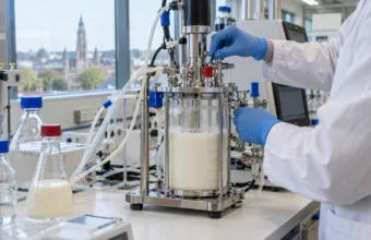 Laboratoryjny bioreaktor z białą cieczą na stole w laboratorium biotechnologicznym