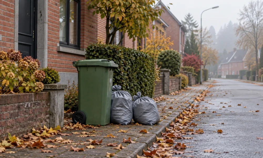 Zielony pojemnik na bioodpady i szare worki ze śmieciami przy krawężniku ulicy z ceglanymi domami w Limburgii jesiennym rankiem
