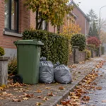 Zielony pojemnik na bioodpady i szare worki ze śmieciami przy krawężniku ulicy z ceglanymi domami w Limburgii jesiennym rankiem
