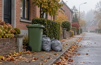 Zielony pojemnik na bioodpady i szare worki ze śmieciami przy krawężniku ulicy z ceglanymi domami w Limburgii jesiennym rankiem