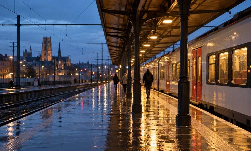 Peron dworca kolejowego we Flandrii wieczorem, mokry po deszczu, pociąg regionalny i odległe sylwetki podróżnych
