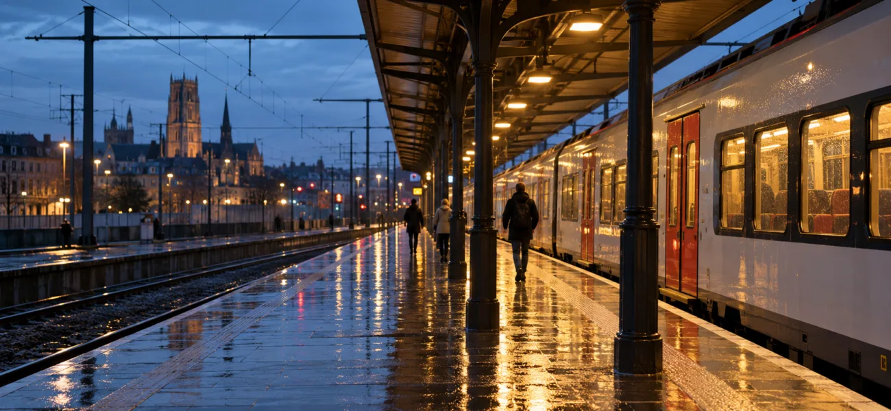 Peron dworca kolejowego we Flandrii wieczorem, mokry po deszczu, pociąg regionalny i odległe sylwetki podróżnych