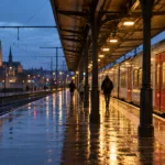 Peron dworca kolejowego we Flandrii wieczorem, mokry po deszczu, pociąg regionalny i odległe sylwetki podróżnych