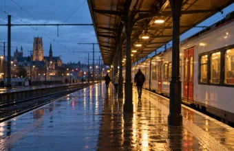 Peron dworca kolejowego we Flandrii wieczorem, mokry po deszczu, pociąg regionalny i odległe sylwetki podróżnych