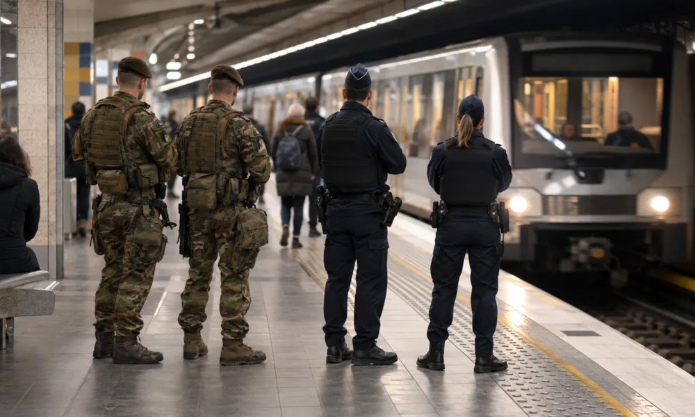 Dwóch żołnierzy i dwoje policjantów na peronie stacji metra, w tle wjeżdża pociąg