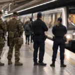 Dwóch żołnierzy i dwoje policjantów na peronie stacji metra, w tle wjeżdża pociąg