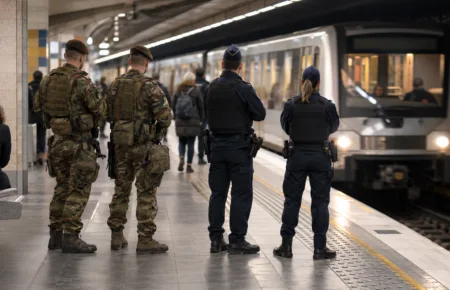 Dwóch żołnierzy i dwoje policjantów na peronie stacji metra, w tle wjeżdża pociąg