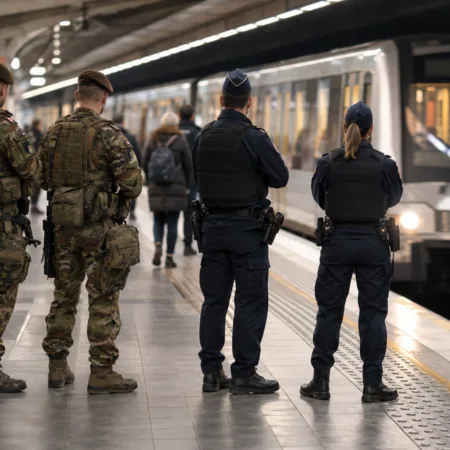 Dwóch żołnierzy i dwoje policjantów na peronie stacji metra, w tle wjeżdża pociąg