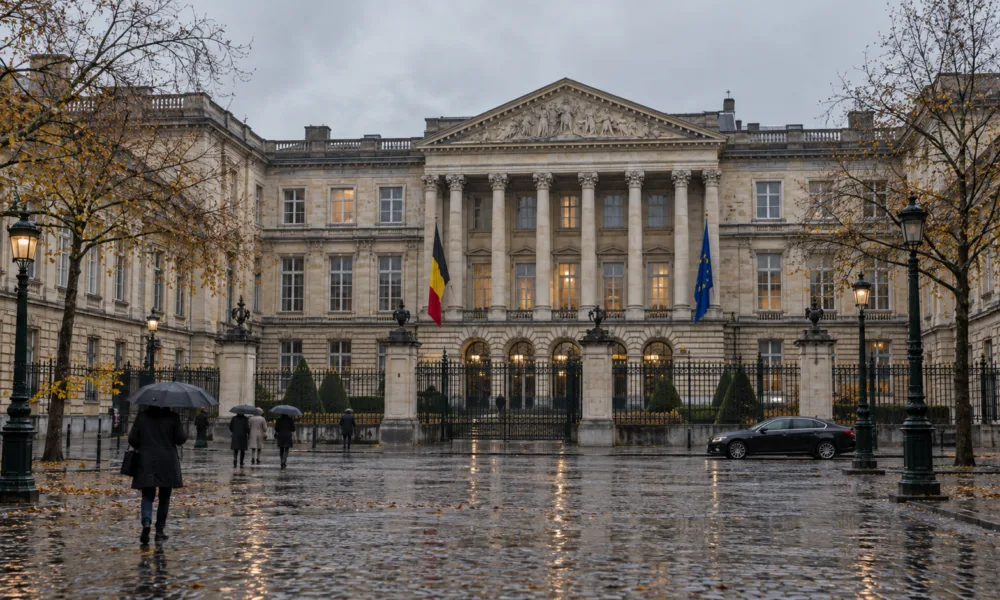 Gmach parlamentu federalnego w Brukseli w deszczowe jesienne popołudnie