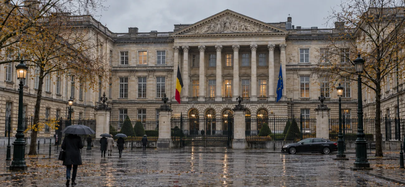 Gmach parlamentu federalnego w Brukseli w deszczowe jesienne popołudnie