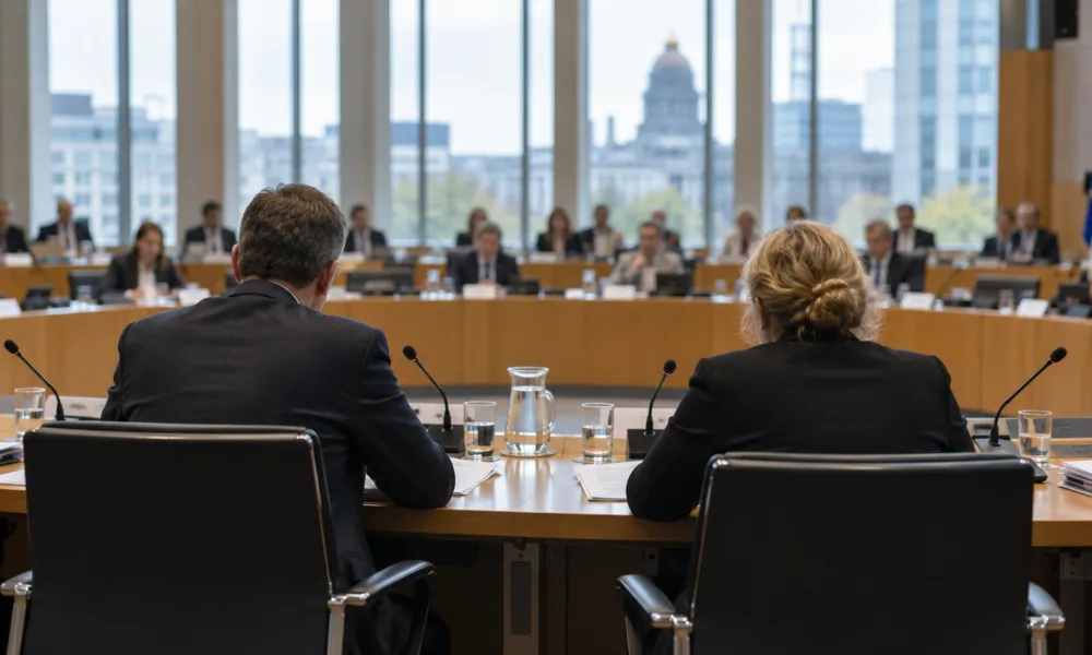Dwóch magistratów przed posłami w sali posiedzeń komisji parlamentarnej w Brukseli