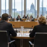 Dwóch magistratów przed posłami w sali posiedzeń komisji parlamentarnej w Brukseli