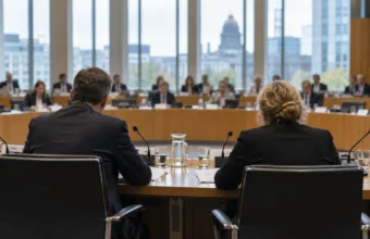 Dwóch magistratów przed posłami w sali posiedzeń komisji parlamentarnej w Brukseli