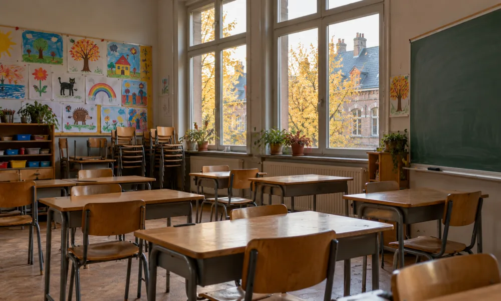 Częściowo pusta klasa szkoły podstawowej w Walonii jesienią, małe ławki i rysunki dzieci na ścianie