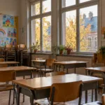 Częściowo pusta klasa szkoły podstawowej w Walonii jesienią, małe ławki i rysunki dzieci na ścianie