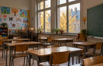 Częściowo pusta klasa szkoły podstawowej w Walonii jesienią, małe ławki i rysunki dzieci na ścianie