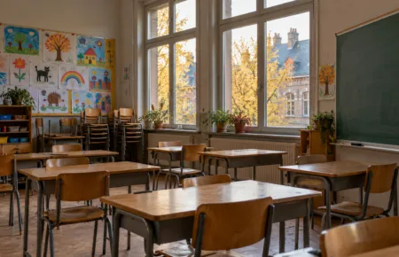Częściowo pusta klasa szkoły podstawowej w Walonii jesienią, małe ławki i rysunki dzieci na ścianie
