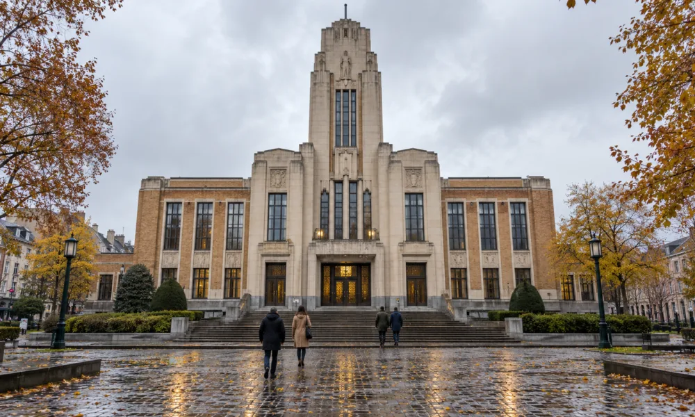 Odnowiony ratusz w stylu art déco w brukselskiej gminie w pochmurny jesienny dzień