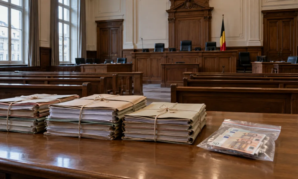 Akta sprawy na stole w pustej sali sądowej