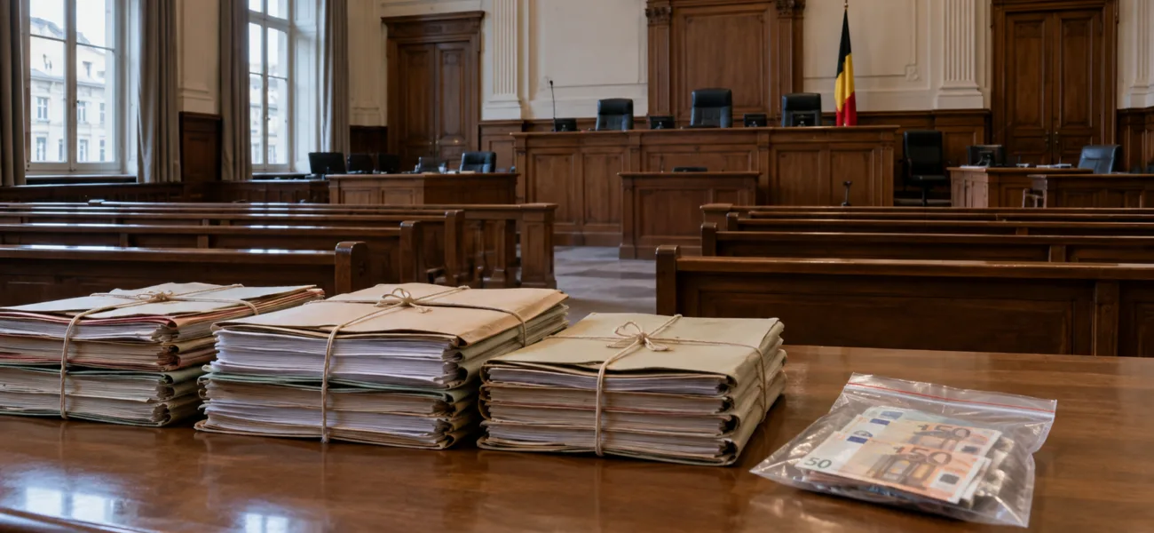 Akta sprawy na stole w pustej sali sądowej