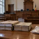 Akta sprawy na stole w pustej sali sądowej