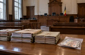 Akta sprawy na stole w pustej sali sądowej