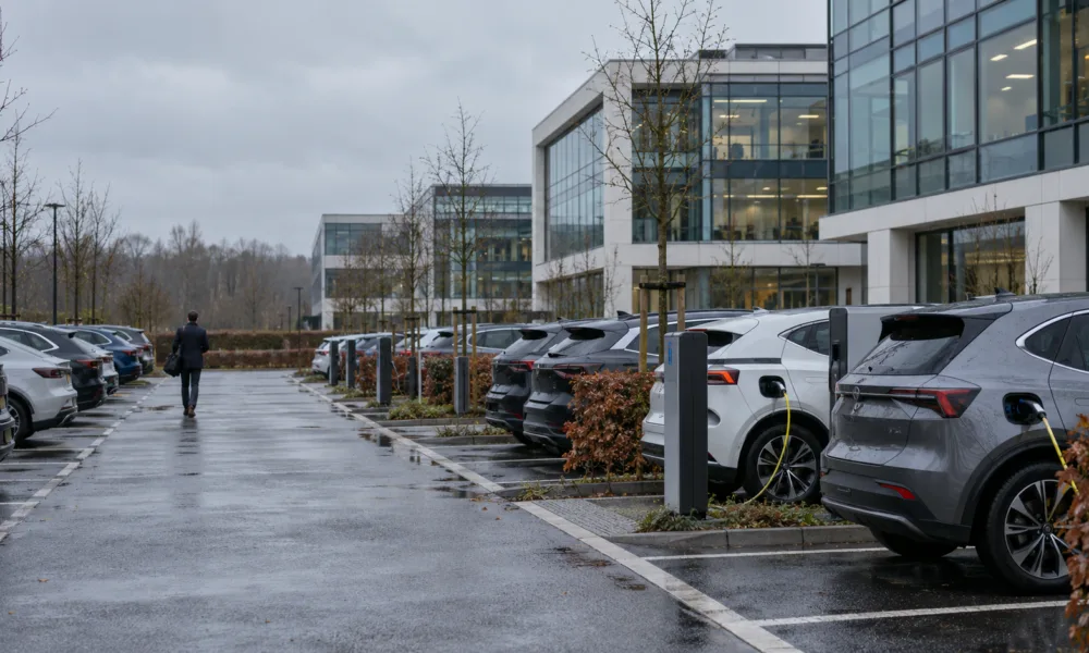Parking przy biurowcu pod Brukselą z rzędami samochodów elektrycznych i hybrydowych podłączonych do ładowarek