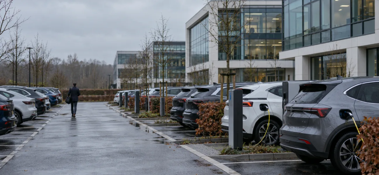 Parking przy biurowcu pod Brukselą z rzędami samochodów elektrycznych i hybrydowych podłączonych do ładowarek