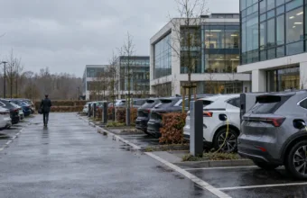 Parking przy biurowcu pod Brukselą z rzędami samochodów elektrycznych i hybrydowych podłączonych do ładowarek