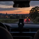 Wnętrze samochodu o zmierzchu, smartfon w uchwycie na desce rozdzielczej z symbolem trybu „Nie przeszkadzać”, przed autem wiejska droga w Walonii