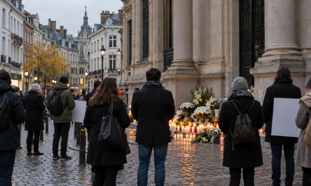 Znicze i kwiaty na chodniku przed budynkiem rządowym w Brukseli, kilka osób w oddali