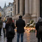 Znicze i kwiaty na chodniku przed budynkiem rządowym w Brukseli, kilka osób w oddali