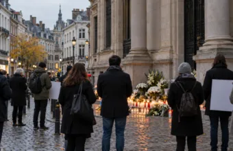 Znicze i kwiaty na chodniku przed budynkiem rządowym w Brukseli, kilka osób w oddali