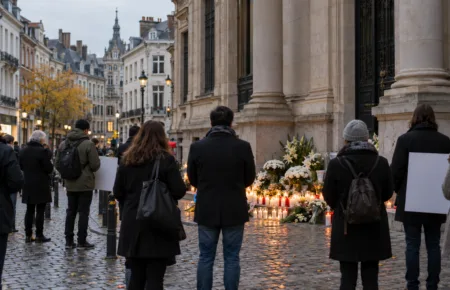 Znicze i kwiaty na chodniku przed budynkiem rządowym w Brukseli, kilka osób w oddali