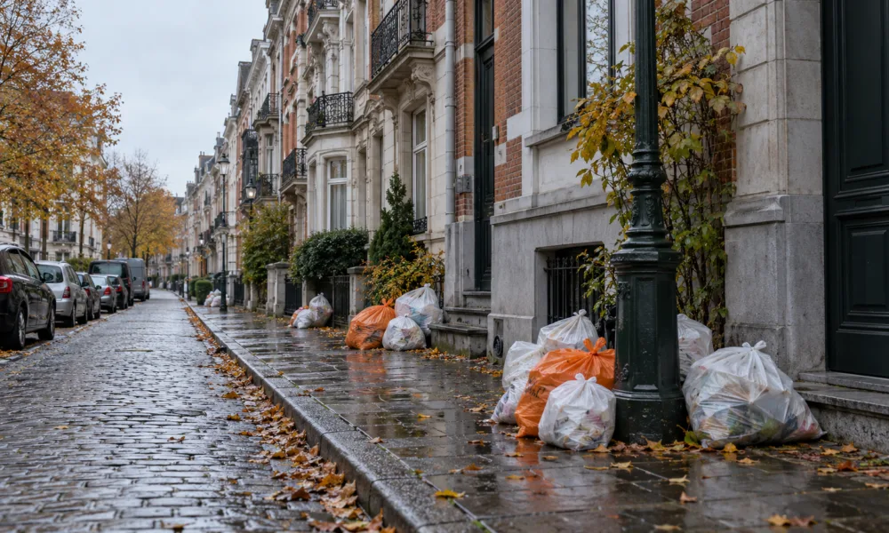 Worki ze śmieciami na chodniku przed kamienicami w Brukseli